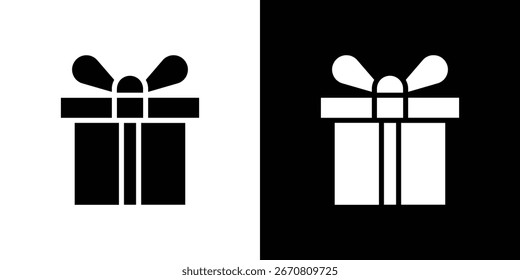 Icono simple de la caja de regalo en blanco y negro con un arco, aislado en fondos blancos y negros. Perfecto para Sitios web, App y presentaciones.