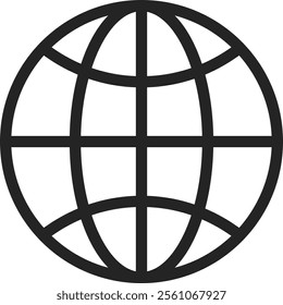 Simple black and white globe icon symbolizing global communication, international business, and worldwide connectivity in a minimalist design