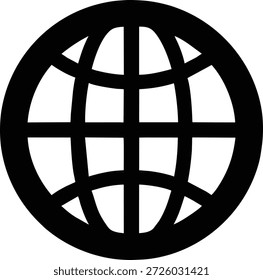 Simple black and white globe icon representing global networks, communication, and international connections. Ideal for websites, social media, presentations, or advertising related to travel, technology, or worldwide business.