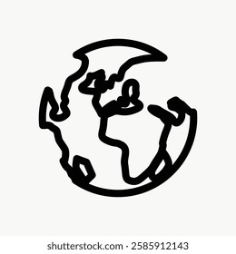 Simple black and white globe illustration. Earth drawing with continents. Minimalist globe art. Earth design with basic lines. Simple and clear globe sketch. User interface icon vector.
