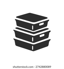 A simple black and white glyph icon depicting a stack of three storage bins or trays. Ideal for representing organization, storage, and sorting.