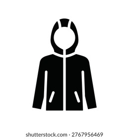 A simple black and white glyph icon depicting a person wearing a hooded jacket. The face is obscured, suggesting anonymity or concealment. It's a clean, modern design.