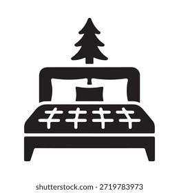 Gráfico blanco y negro simple de una cama con un árbol de navidad arriba