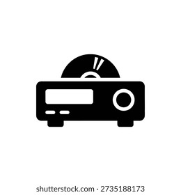 Simple black and white graphic of a CD player with a disc inserted, representing music technology.