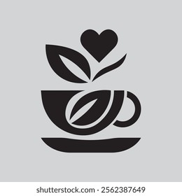 A simple, black and white graphic of a coffee cup and saucer, stylized with coffee beans and leaves.