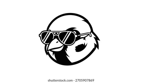 Um simples gráfico preto e branco da cabeça de um pássaro legal. O personagem aviário usa óculos de sol elegantes, apresentados como um logotipo vetorial ousado e moderno ou ícone de mascote em um fundo branco.