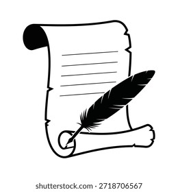 Un gráfico simple en blanco y negro que representa un pedazo enrollado de pergamino o papel viejo con líneas Horizontales, superpuesto por una pluma oscura, que simboliza la escritura o los documentos históricos.
