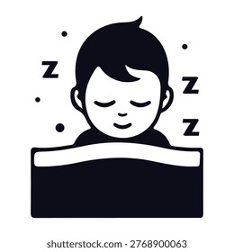 A simple black and white graphic depicting a childs face with closed eyes and a gentle smile, resting under covers.
