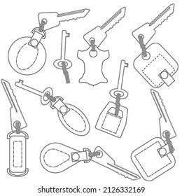 Simple black white graphic design element of  genuine leather with finishing elements and key. Vector illustration.
