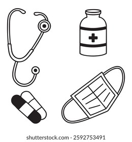 Simple black and white graphic design featuring a stethoscope, medicine bottle, heart, pills, and a face mask.