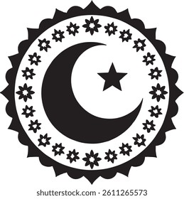 A simple, black and white graphic design featuring a crescent moon and star, central to a decorative circular border with floral and patterned details.