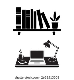A simple, black and white graphic design of a home office workspace.