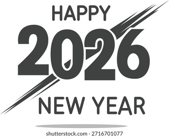 Un sencillo Diseño gráfico en blanco y negro para Feliz Año Nuevo 2026 con tipografía atrevida y líneas diagonales