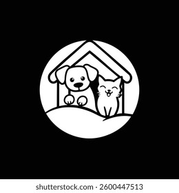 Simple black and white graphic of a dog and cat in a doghouse forming a logo Perfect for pet shop branding and design.