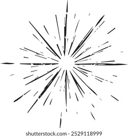 simple black and white graphic featuring a stylized burst of light with many jagged lines radiating outward from a central point creating a dynamic and energetic visual effect.