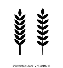 Um simples gráfico preto e branco com dois ícones de silhueta distintos que representam orelhas de trigo ou cevada, perfeito para temas de agricultura, panificação ou fontes de alimentos naturais.