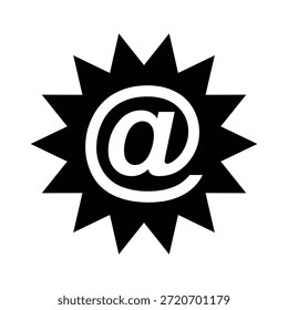 Um simples gráfico preto e branco com um símbolo at rodeado por uma forma starburst, frequentemente usado em design digital e web para representar comunicação e presença online.