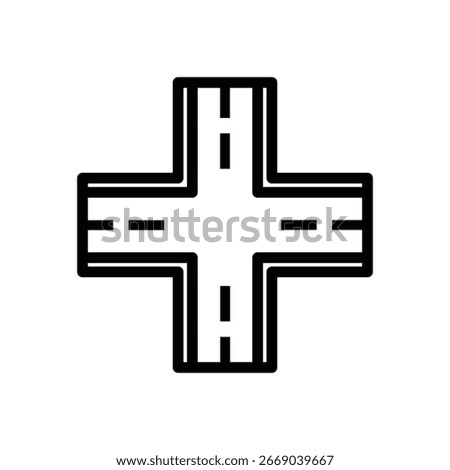 Simple black and white graphic of a four-way road intersection.