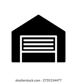 Simple black and white graphic of a garage with a gable roof and horizontal door design.
