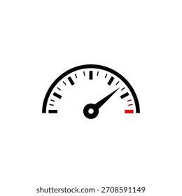 Un simple icono gráfico en blanco y negro que representa un dial de velocímetro analógico semicircular con marcas de graduación y una aguja que apunta hacia el extremo superior de la escala, lo que sugiere velocidad o rendimiento.