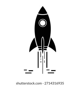 Un simple icono gráfico en blanco y negro que representa un cohete estilizado despegando, dejando rastros de escape debajo de él. Aislado en un fondo blanco.