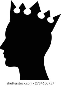 A simple black and white graphic icon showing the silhouette of a person's head in profile, adorned with a pointed royal crown, isolated on a white background.