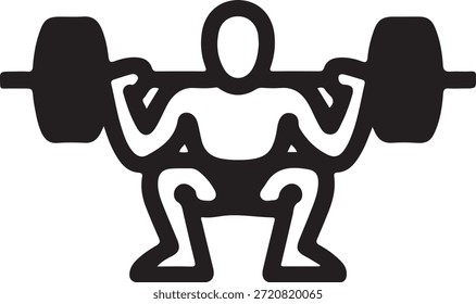 Un simple gráfico en blanco y negro ilustra a una persona levantando pesas mientras está en cuclillas, simbolizando la fuerza y el estado físico.
