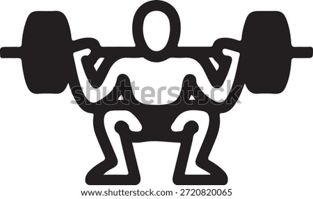 Simple black and white graphic illustrates a person lifting weights while in a squatting position, symbolizing strength and fitness.