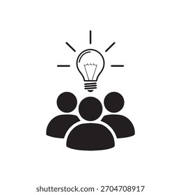 Un simple gráfico en blanco y negro que ilustra tres figuras humanas estilizadas debajo de una bombilla brillante, que simboliza un momento compartido de conocimiento, trabajo en equipo exitoso o un avance colectivo en el problema