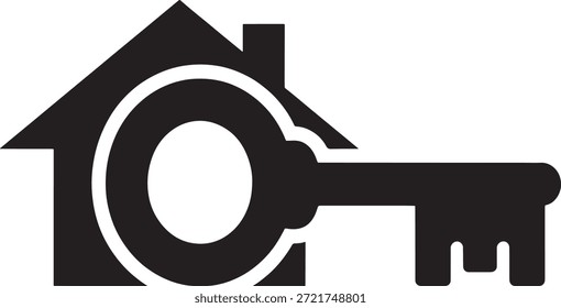 Simples ilustração gráfica em preto e branco de uma casa com uma grande chave integrada em seu design simbolizando a propriedade da casa e os conceitos imobiliários efetivamente em um fundo branco.