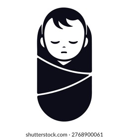 A simple black and white graphic illustration of a babys face and head wrapped snugly in a blanket.