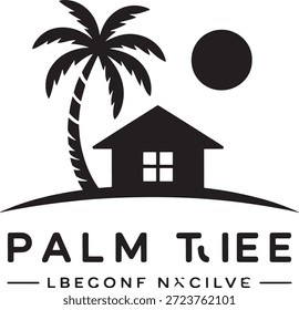 Logotipo gráfico sencillo en blanco y negro con una palmera y una casa con texto de palmera y texto invertido debajo que simboliza un tema costero o tropical sereno.