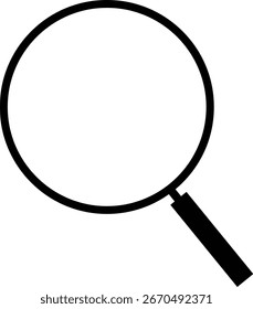 Um gráfico simples em preto e branco de uma lupa, representando o conceito de pesquisa, localização e escrutínio de detalhes em qualquer contexto.