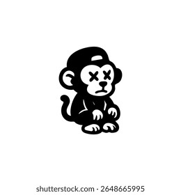 Simple black and white graphic of a monkey wearing a cap with crossed-out eyes