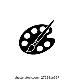 Simple black and white graphic of a paint palette with a paintbrush, representing artistry.