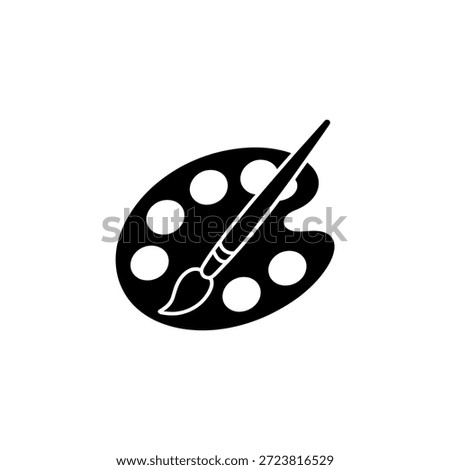 Simple black and white graphic of a paint palette with a paintbrush, representing artistry.