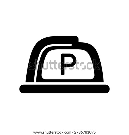 Simple black and white graphic of a parking sign enclosed in a cloche or dome shape, symbolizing parking area or service.