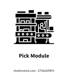 A simple black and white graphic representation of a pick module in an industrial setting, symbolizing automation and technology.
