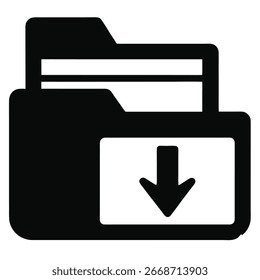 Um gráfico simples em preto-e-branco que representa uma pasta com uma seta para baixo, simbolizando o download ou o salvamento de arquivos e dados.