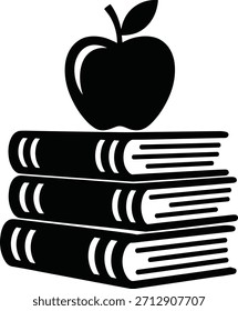 Un simple gráfico en blanco y negro que representa el conocimiento y la educación con una manzana y libros.