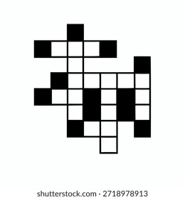 Un gráfico blanco y negro simple que representa una estructura de cuadrícula de crucigrama, posiblemente se asemeja a un animal estilizado o forma abstracta, presentado aislado sobre un fondo blanco puro.