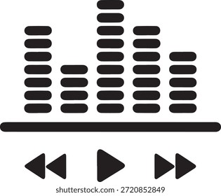 Einfache Schwarz-Weiß-Grafik, die einen Media-Player mit Equalizer-Leisten und Wiedergabesteuerungen darstellt und die Audio-Steuerung und Multimedia-Funktionalität in einem modernen und sauberen Design symbolisiert.