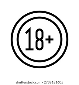 A simple black and white graphic representing the age restriction of 18 plus, enclosed in a circle. Movie and Cinema Single Line Icon.
