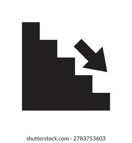 A simple black and white graphic representing stairs with a downward arrow pointing to the right, symbolizing descent, decline, or a negative trend.