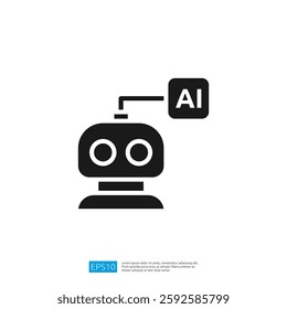 A simple black and white graphic of a robot with a speech bubble indicating AI symbolizing artificial intelligence and technology.