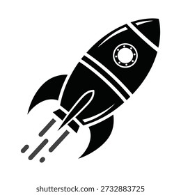 A simple black and white graphic of a rocket ship taking off with flames coming out of the bottom