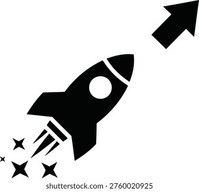 A simple black and white graphic of a rocket ship launching upwards with flames and stars