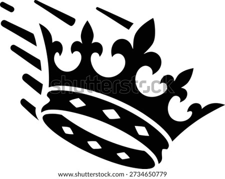 A simple black and white graphic of a royal crown tilted and falling, with motion lines indicating speed. This iconic symbol represents monarchy, power, and a loss of authority.