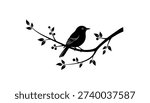 A simple black and white graphic showing the silhouette of a bird sitting on a tree branch with leaves and berries. The design is clean, isolated, and minimalist.