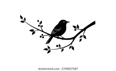 A simple black and white graphic showing the silhouette of a bird sitting on a tree branch with leaves and berries. The design is clean, isolated, and minimalist.